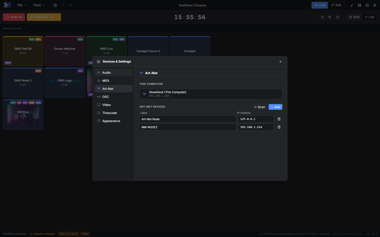 ShowDeck Device Manager: Audio, MIDI, Art-Net, Yamaha DM3, DasLight 5